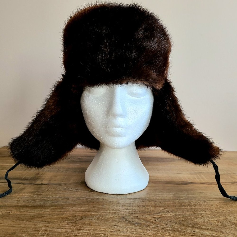 Real fur dark brown mink and suede ushanka hat. Unisex winter hat.